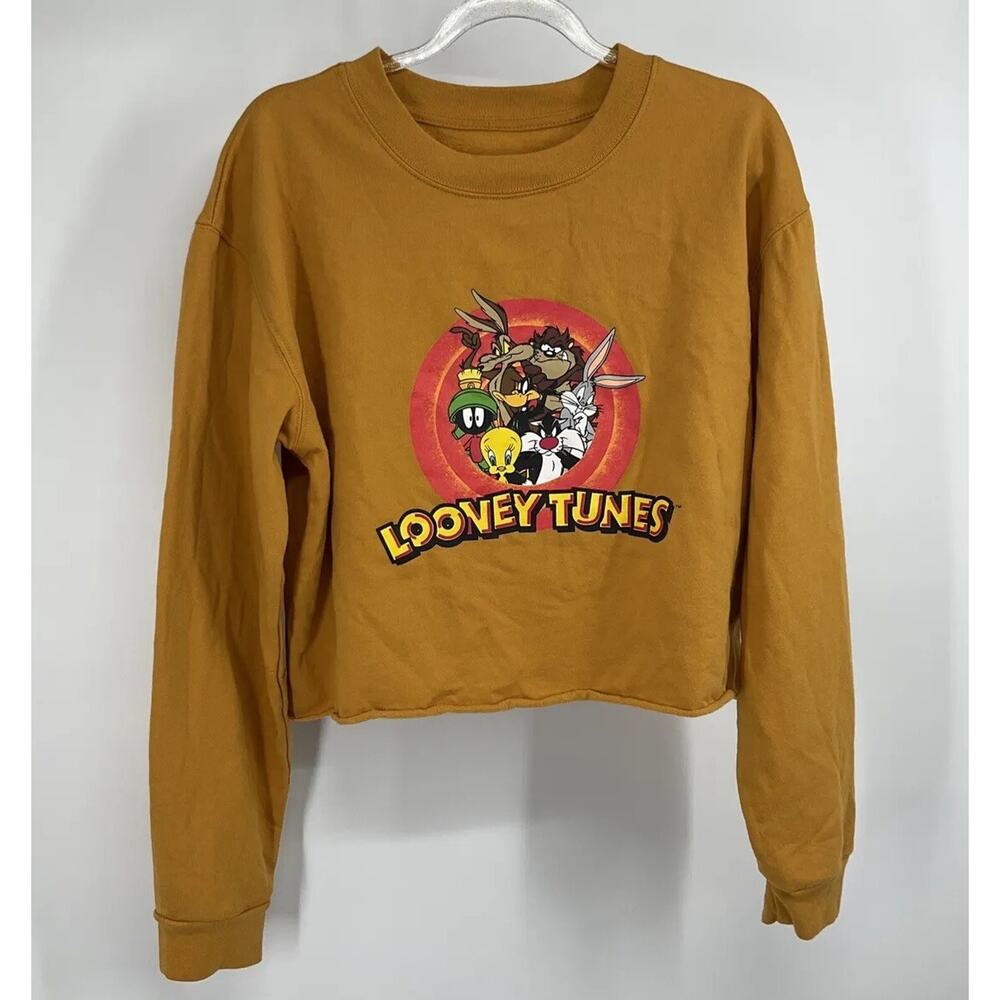 Looney Tunes Sweatshirt L Cropped Mustard Yellow Graphic Cartoon Nostalgic Retro